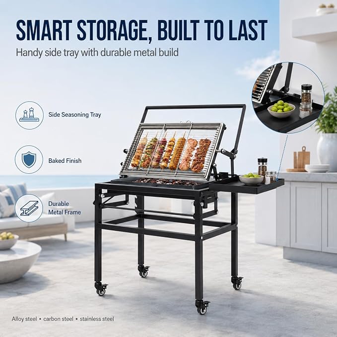 Rotating BBQ Grill with Cart 360° Rotating Cooking Grid Grills Removable Portable Grillfor for Outdoor Barbecues, Picnics, Camping, Places Such As Backyards