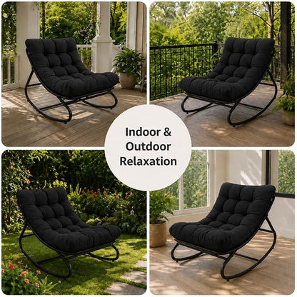 Garvee Papasan Rocking Chair, Thick Cushion, 450 lb Frame, Dark Gray | Gentle rocking motion and a roomy curved seat create a calm reading retreat for patios, balconies, bedrooms or living rooms.