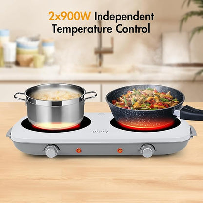 Davivy Double Burner Electric Hot Plate, 1800W (2x900W) Portable Electric Stove, 2-Burner Cooktop with Crystallite Ceramic Glass, Dual Heating Zones, Flexible Temp Control, for Kitchen, RV, Dorm