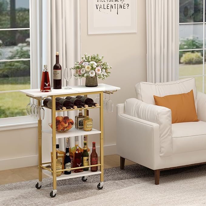 LAATOOREE Bar Cart, Mobile Home Bar Serving Cart, 4 Tier, Gold | Rolling Drink Beverage Cart with Storage Shelf, Wine and Glass Holder, for Dinning Room Living Room Kitchen