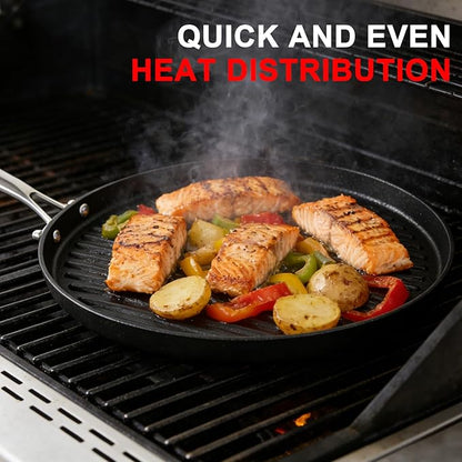 12 Inch Cast Iron Grill Pan with Stainless Steel Handle, Pre-Seasoned Round Ribbed Skillet for Stovetop, Oven & Grill, Perfect for Steak, Burgers, Indoor & Outdoor BBQ