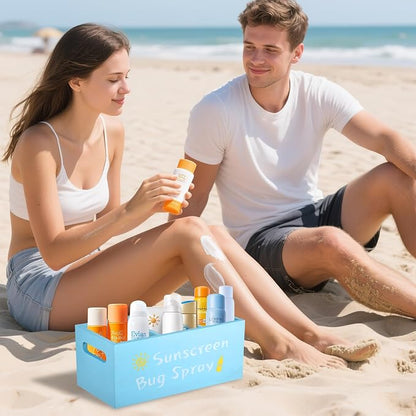 Sunscreen Bug Spray Storage Basket, Wooden Summer Poolside Storage Box with Three Compartments Toilet Tank Tray for Indoor Outdoor Swimming Pool Beach Sunblock Sunglasses Storage, Blue