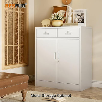 BESFUR Metal Storage Cabinet, Garage Storage Cabinet with 2 Drawers and Adjustable Shelf, Locking Short Storage Cabinet for Office Garage Home, White Metal Cabinets(36" H x 31.5" W x 16" D)