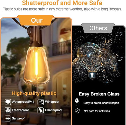 LAMPHOME Outdoor String Lights Waterproof, 51FT LED Patio Lights with 25+2 Spare ST38 Shatterproof Vintage Edison Bulbs,Connectable Hanging Lights for Backyard Garden Porch Deck Balcony Party Decor