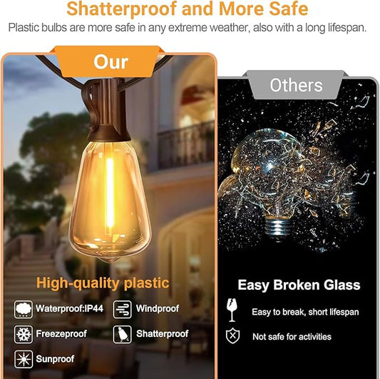 LAMPHOME Outdoor String Lights Waterproof, 51FT LED Patio Lights with 25+2 Spare ST38 Shatterproof Vintage Edison Bulbs,Connectable Hanging Lights for Backyard Garden Porch Deck Balcony Party Decor