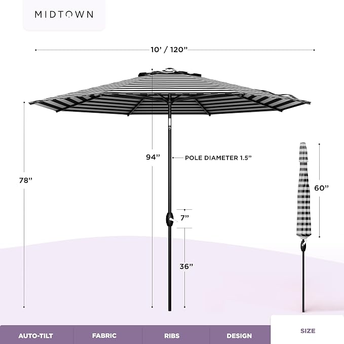 Midtown Umbrellas – The Lean 10 Ft Patio Umbrella with 10-Year-No-Fade Acrylast Acrylic Fabric, Auto-Tilt and 8 Reinforced Ribs for Deck, Pool, Garden, Hotel & Cafes – Urban Stripes Canopy, Black Pole