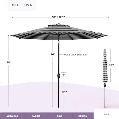 Midtown Umbrellas – The Lean 10 Ft Patio Umbrella with 10-Year-No-Fade Acrylast Acrylic Fabric, Auto-Tilt and 8 Reinforced Ribs for Deck, Pool, Garden, Hotel & Cafes – Urban Stripes Canopy, Black Pole