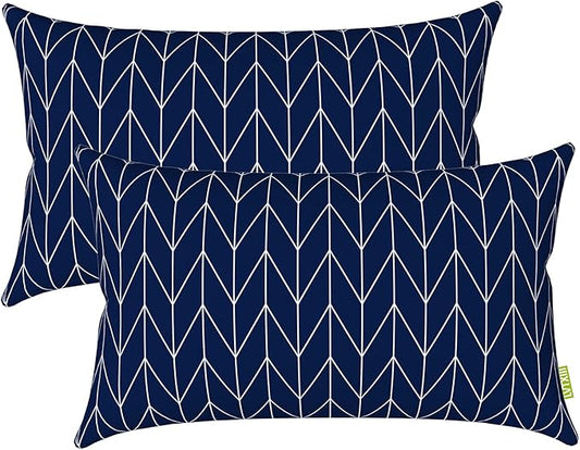 LVTXIII Set of 2 Patio Lumbar Pillows, 12”x20” Fade Resistant Outdoor Lumbar Pillow with Inners, Fluffy Decorative Garden Lumbar Cushions for Home Patio Coach Sofa Use, Herringbone Navy