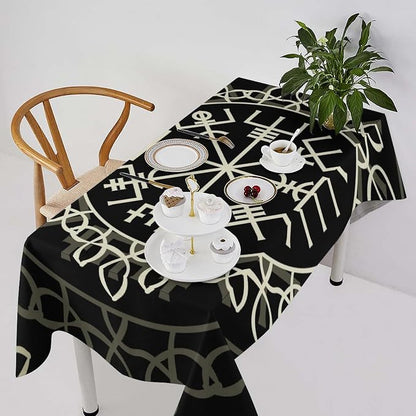 Vintage Viking Pattern Tablecloth, Viking Ancient Runic Scandinavian Celtic Seasonal Table Cloth Waterproof Wipeable Table Cover for Picnic Holiday Party Kitchen Dining 60x110