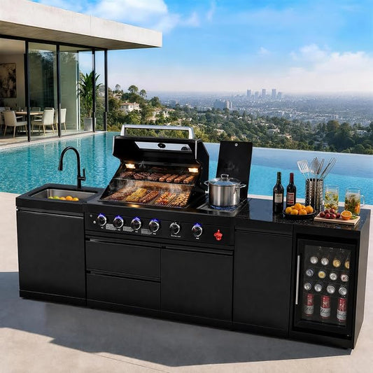 104"4-Burner Modular Outdoor Kitchen Island, 72000 BTU Propane Gas Grill | 4 Burners & Side Stove, Rear Infrared, Marble Countertop, Fridge, 360° Pull-Out Faucet, Sink, Warming Rack, Storage Cabinet