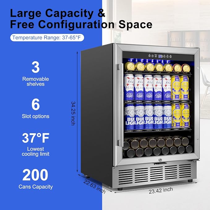 24" 200-Can Beverage Fridge, Under Counter/Freestanding with Glass Door | Temp memory, Reversible door, Quick cool, Beer soda wine, Adjustable shelves, Energy efficient, Digital display, Home bar