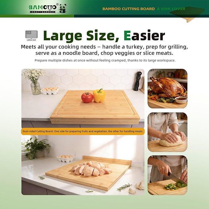 BAMOTTO CRAFTBAMBOO 21.7x18.9 Inch Oversized Bamboo Cutting Board and Sink Cover, Reversible Juice Groove & Flat Side, Non-Slip Detachable Lip, Kitchen Noodle Board Stovetop Cover