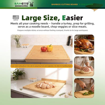 BAMOTTO CRAFTBAMBOO 21.7x18.9 Inch Oversized Bamboo Cutting Board and Sink Cover, Reversible Juice Groove & Flat Side, Non-Slip Detachable Lip, Kitchen Noodle Board Stovetop Cover