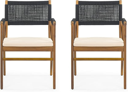 Christopher Knight Home Set of 2 Terry Farmhouse Country Patio Acacia Wood Dining Armchairs, Outdoor Side Chair with Rope Woven Backrest,Garden/Backyard Accent Chair with Cushions,Black+Natural Brown