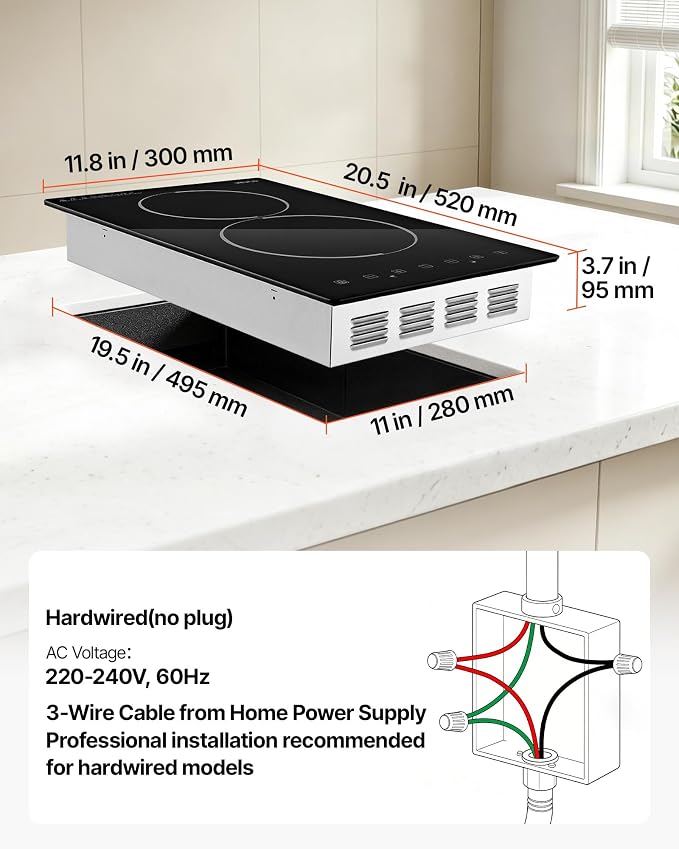 VEVOR Electric Cooktop 12inch 2 Burners Stove Top 3000W 220V No Plug, Ceramic Built-in Radiant Electric Stove, with 9 Power Levels, Timer, Child Lock, Over-Heat Guard, Touch Control