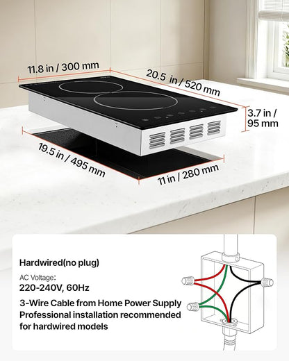 VEVOR Electric Cooktop 12inch 2 Burners Stove Top 3000W 220V No Plug, Ceramic Built-in Radiant Electric Stove, with 9 Power Levels, Timer, Child Lock, Over-Heat Guard, Touch Control