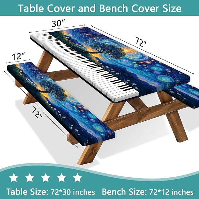 Piano Keyboard Picnic Table Cover with Bench Covers, Camping Essentials, Whirlpool Star Tree Flower Waterproof Windproof, Fitted Tablecloth Cover with Elastic Edge for Outdoor Garden 3 PCS 30x72 Inch