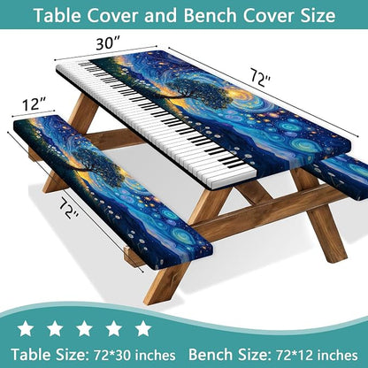 Piano Keyboard Picnic Table Cover with Bench Covers, Camping Essentials, Whirlpool Star Tree Flower Waterproof Windproof, Fitted Tablecloth Cover with Elastic Edge for Outdoor Garden 3 PCS 30x72 Inch