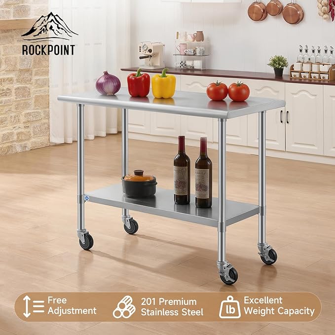 ROCKPOINT All Stainless Steel Prep Table with Caster 24x48 Inch, Commercial Heavy Duty Workbench with Stainless Legs & Adjustable Undershelf, 830 lb Capacity for Outdoor Kitchens with Wheel