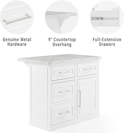 Crosley Furniture Cutler Faux Marble Top Kitchen Island with Storage, Breakfast Bar, Microwave Stand, White