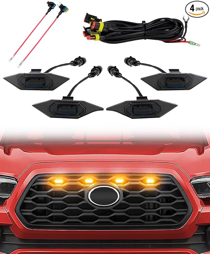 SEVEN SPARTA 4 PCS Grill Led Lights with Fuse Adaptor Compatible with 2020-2023 Toyota Tacoma TRD Off Road & Sport OEM Front Grille, Full-Cover (Amber Light with Black Shell)