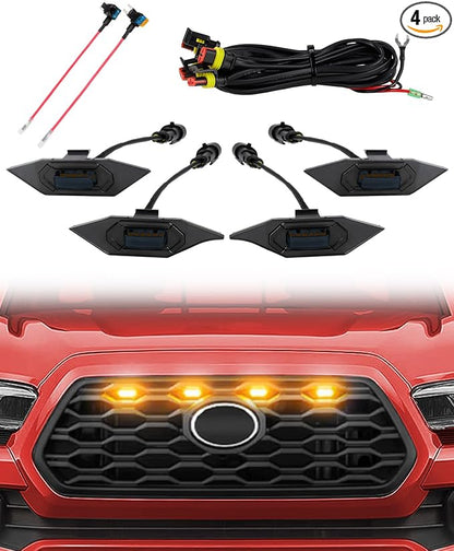 SEVEN SPARTA 4 PCS Grill Led Lights with Fuse Adaptor Compatible with 2020-2023 Toyota Tacoma TRD Off Road & Sport OEM Front Grille, Full-Cover (Amber Light with Black Shell)