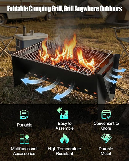 Camping Grill Portable Folding Charcoal Grills with Griddle Grill Grate and Wire Mesh, Compact Picnic BBQ Set for Outdoor Cooking Backyard Tailgating, Easy Setup Camp Gear