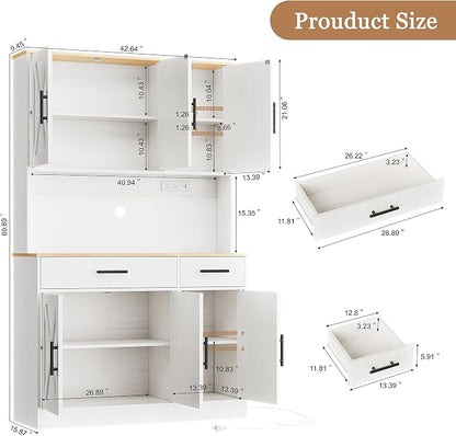 Shintenchi Pantry Cabinet with Charging Station, 70” Tall Kitchen Storage Cabinet with Microwave Stand, Storage Drawers & Adjustable Shelves, Large Capacity Kitchen Hutch for Dining Room, White