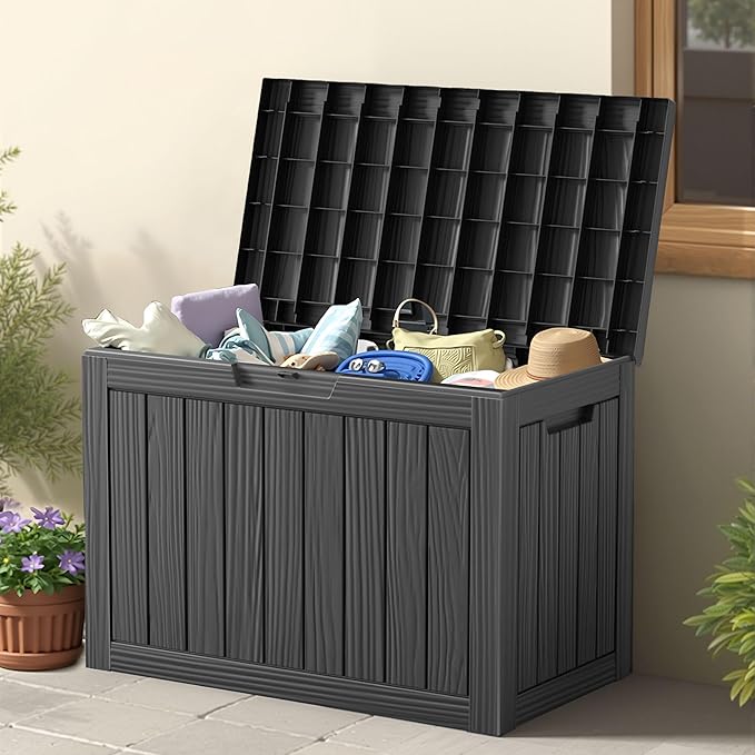 45 Gallon Outdoor Storage Box, Waterproof Resin Deck Box with Side Handles, Lockable Outdoor Bench for Indoor & Outdoor Use, Storage Bin for Patio Cushions, Garden Tools, Black