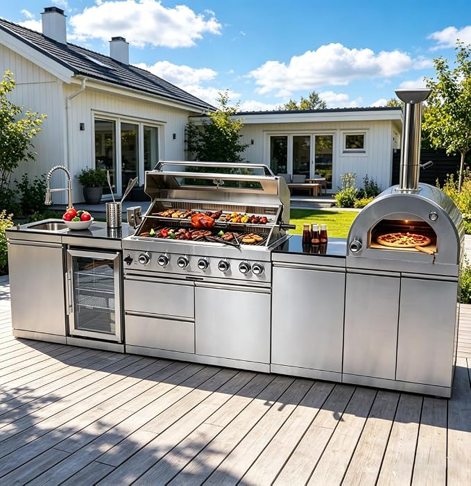 128-Inch Stainless Steel Outdoor Kitchen Island, Propane BBQ Grill with Pizza Oven, Rotisserie, Refrigerator, Granite Countertop, Storage Cabinets & Drawers 120,000 BTU