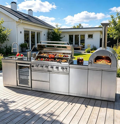 128-Inch Stainless Steel Outdoor Kitchen Island, Propane BBQ Grill with Pizza Oven, Rotisserie, Refrigerator, Granite Countertop, Storage Cabinets & Drawers 120,000 BTU