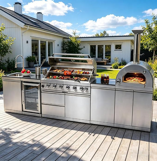 128-Inch Stainless Steel Outdoor Kitchen Island, Propane BBQ Grill with Pizza Oven, Rotisserie, Refrigerator, Granite Countertop, Storage Cabinets & Drawers 120,000 BTU