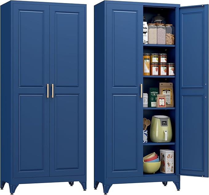 Polup Metal Storage Cabinet,75" Tall Kitchen Pantry Storage Cabinet with Doors and Adjustable Shelves, Blue Metal Pantry Cabinets, Large Cupboard for Kitchen, Dining Living Room, Bathroom, Office