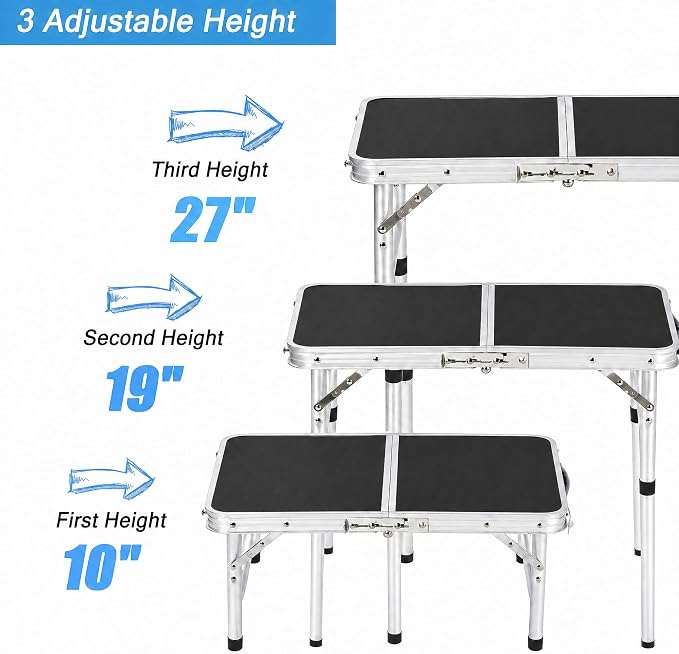 YUFIFAIRY Small Folding Table Portable, 24''L x16''W Foldable Camp Table | Lightweight Aluminum Frame, 3 Adjustable Height 10"/19"/27.5", For Indoor, Outdoor, Cooking, Picnic, Black Table