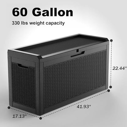 PatioZen 60 Gallon Deck Box,Resin Outdoor Storage Box with Lockable for Patio Furniture, Pool Accessories, Garden Tools, Waterproof Outside Storage Box, Black