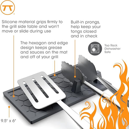 Outset Grill Mat Utensil Holder with Tong Station, 9.5" x 6", Silicone, Black