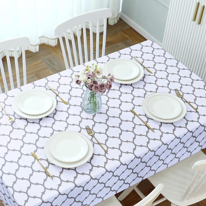 Romanstile Rectangle Plastic Tablecloth, 100% Waterproof Oil-Proof Checkered PVC Table Cloth, Heavy Duty Vinyl Table Cover for Dining, Camping, Picnic, Outdoor - 54 x 108 Inch, Moroco White
