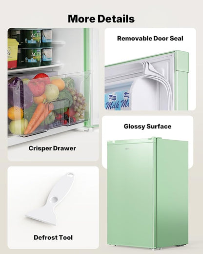 Upstreman 3.2 Cu.Ft Mini Fridge with Freezer, Green-BR321 | Adjustable Thermostat, Energy Saving, Low Noise, Reversible Door, Small Refrigerator for Dorm, Bedroom, Office