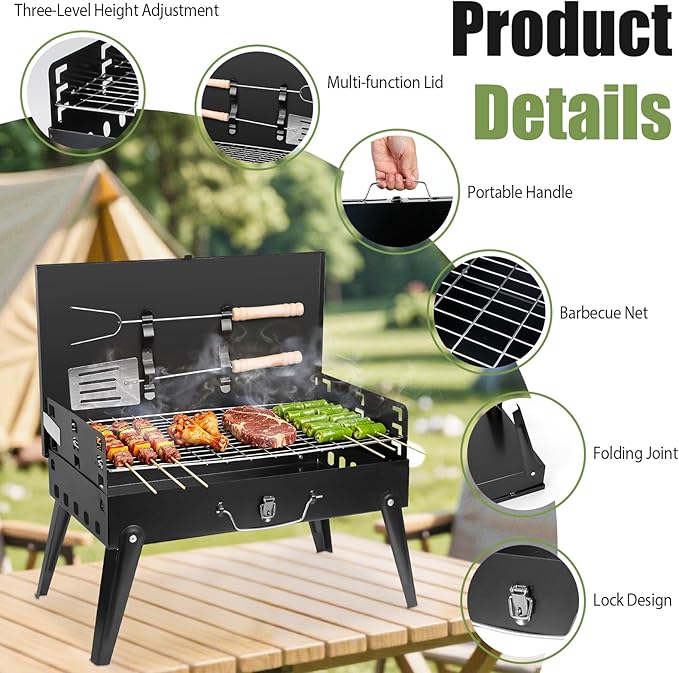 Portable Charcoal Grill, Small Foldable BBQ Suitcase Grill with Storage Shelf, Barbecue Grill for Outdoor Camping Picnics Garden Backyard Patio Parties, 16.7"×10"×17.7"