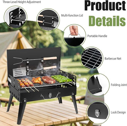Portable Charcoal Grill, Small Foldable BBQ Suitcase Grill with Storage Shelf, Barbecue Grill for Outdoor Camping Picnics Garden Backyard Patio Parties, 16.7"×10"×17.7"