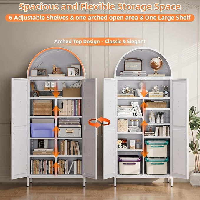 72.8" White Metal Arched Pantry Cabinet for Kitchen Storage, Tall 2-Door Cupboard with 6 Adjustable Shelves, Magnetic Closure & Anti-Tip Kit, 15.4" D x 30.7" W, Assembly Required