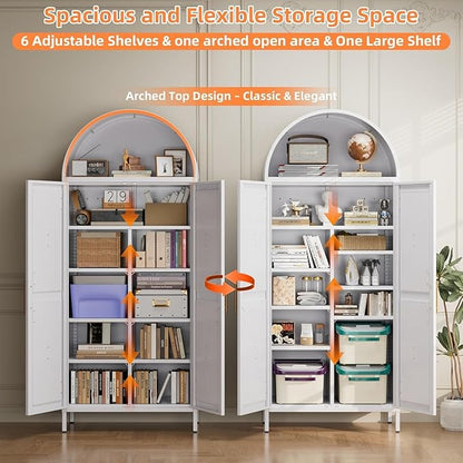 72.8" White Metal Arched Pantry Cabinet for Kitchen Storage, Tall 2-Door Cupboard with 6 Adjustable Shelves, Magnetic Closure & Anti-Tip Kit, 15.4" D x 30.7" W, Assembly Required