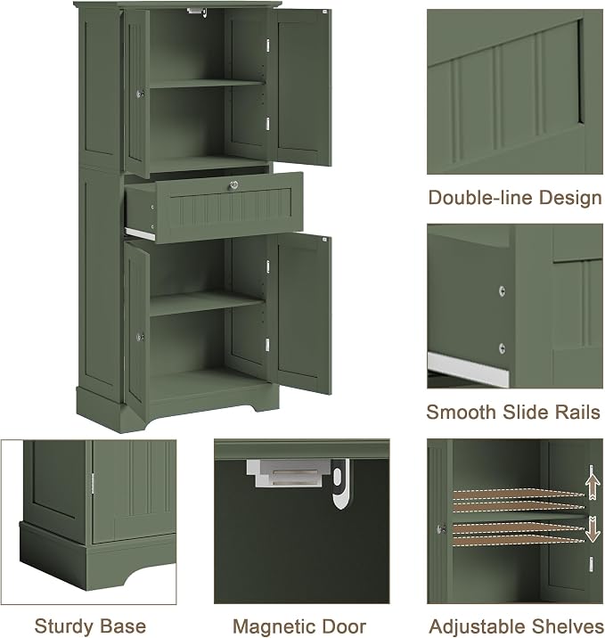 ChooChoo 51" H Bathroom Floor Cabinet with Drawers and Adjustable Shelves | Bathroom Storage Cabinet, Freestanding Kitchen Pantry Cupboard with 4 Doors for Living Room, Green