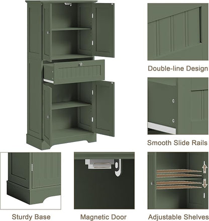 ChooChoo 51" H Bathroom Floor Cabinet with Drawers and Adjustable Shelves | Bathroom Storage Cabinet, Freestanding Kitchen Pantry Cupboard with 4 Doors for Living Room, Green