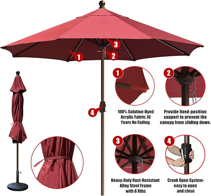 EliteShade USA 10-Year-Non-Fading 10Ft Market Patio Umbrella, UPF 50+ UV Protection Performance Sun Umbrella, Heavy Duty Commercial Grade Outdoor Table Umbrella with Crank, Windproof Vented Top for Garden, Pool, Deck and Outdoor Playsets, No Tilt, Burg...
