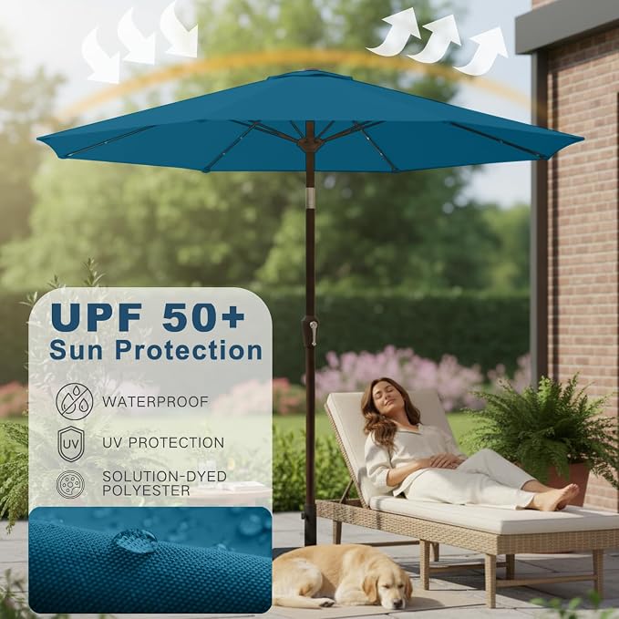 9' Solar LED Patio Umbrella with Tilt & Crank|8 Sturdy Ribs,UV Protection,Outdoor Market Table Umbrella for Deck,Lawn,Pool,Backyard(Lake Blue)