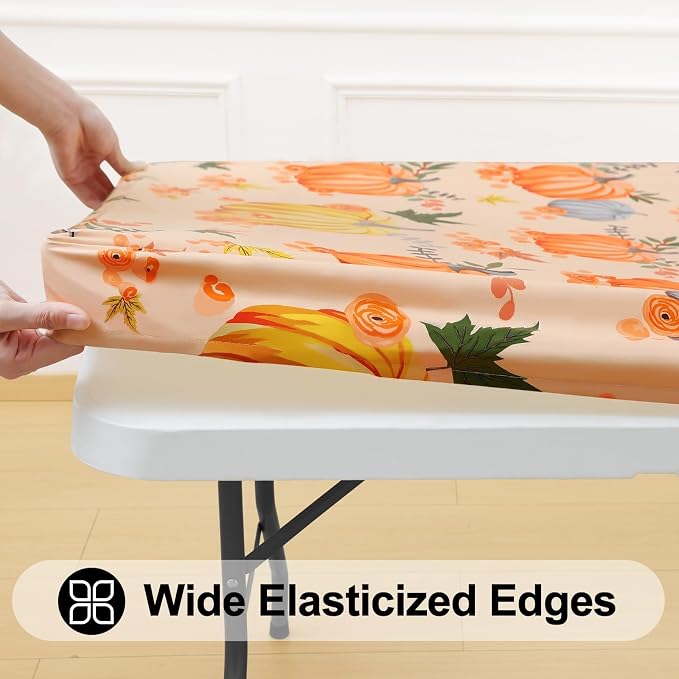 Smiry Thanksgiving Fitted Table Cover, 4 FT Flannel Backed Vinyl Tablecloth | Waterproof Elastic Stretch Table Cloth, Wipeable Plastic Tablecloth for Autumn Harvest & Parties (Yellow & Orange, 30" x 48")