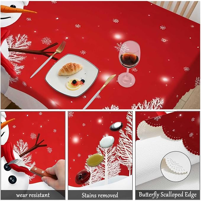 Swono Snowman Table Cloth Christmas Snowman Snowflake Winter Red Rectangle Tablecloth Picnic Tablecloth BBQ Table Cloths Polyester for Kitchen 50x72 Inch