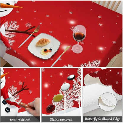 Swono Snowman Table Cloth Christmas Snowman Snowflake Winter Red Rectangle Tablecloth Picnic Tablecloth BBQ Table Cloths Polyester for Kitchen 50x72 Inch