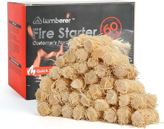 Lumberer 60 pcs Tumbleweed Fire Starter, Waterproof, All-Weather,for Fireplace Indoor, Campfires, Grill, Wood Stove, Fire Pit, Smoker, Chimney, Pizza Oven and Coal Stove.